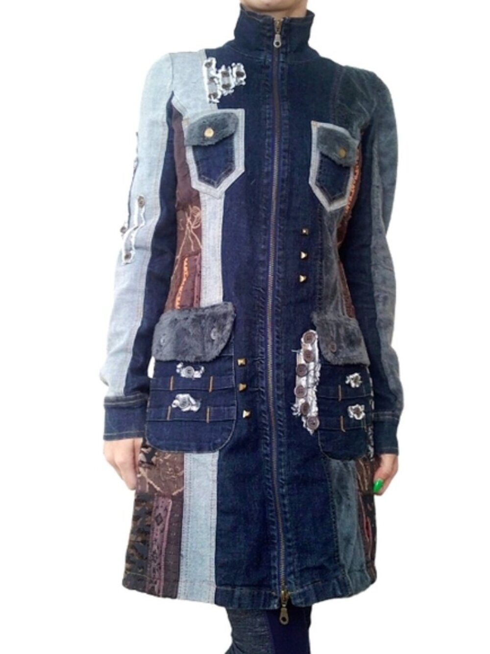 Tricotto Denim Patchwork Faux Fur Retro Long Jacket